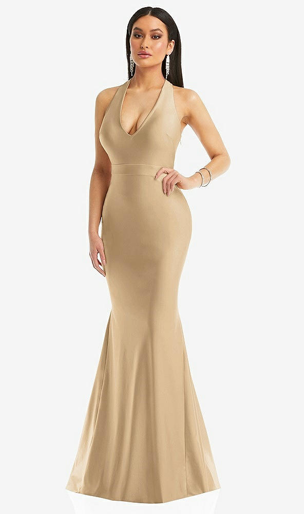 Front View - Soft Gold Plunge Neckline Cutout Low Back Stretch Satin Mermaid Dress