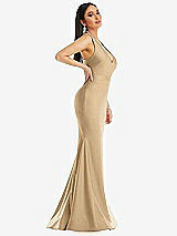 Side View Thumbnail - Soft Gold Plunge Neckline Cutout Low Back Stretch Satin Mermaid Dress