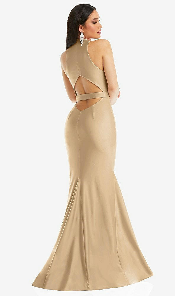 Back View - Soft Gold Plunge Neckline Cutout Low Back Stretch Satin Mermaid Dress