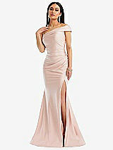 Front View Thumbnail - Ivory One-Shoulder Bias-Cuff Stretch Satin Mermaid Dress with Slight Train