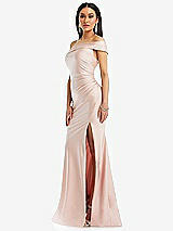 Side View Thumbnail - Ivory One-Shoulder Bias-Cuff Stretch Satin Mermaid Dress with Slight Train