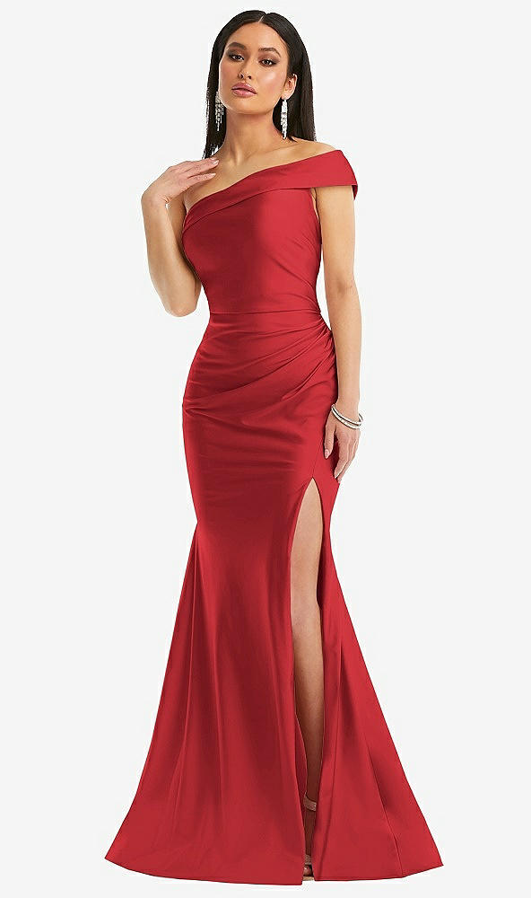 Front View - Poppy Red One-Shoulder Bias-Cuff Stretch Satin Mermaid Dress with Slight Train