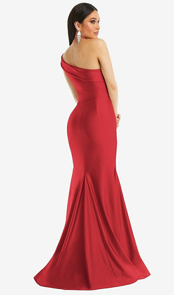 Back View - Poppy Red One-Shoulder Bias-Cuff Stretch Satin Mermaid Dress with Slight Train
