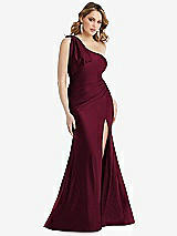 Front View Thumbnail - Cabernet Cascading Bow One-Shoulder Stretch Satin Mermaid Dress with Slight Train