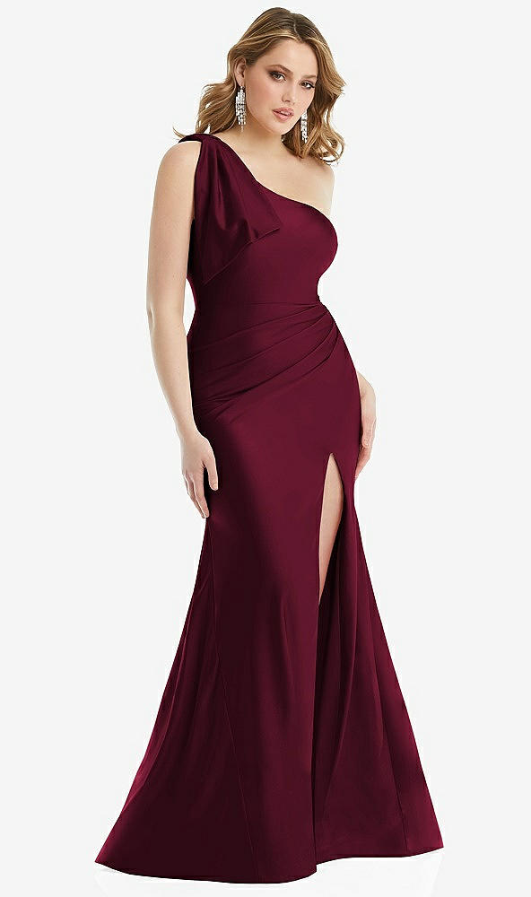 Front View - Cabernet Cascading Bow One-Shoulder Stretch Satin Mermaid Dress with Slight Train