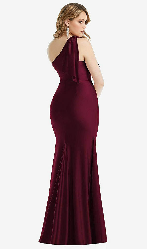 Back View - Cabernet Cascading Bow One-Shoulder Stretch Satin Mermaid Dress with Slight Train
