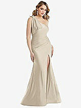 Front View Thumbnail - Champagne Cascading Bow One-Shoulder Stretch Satin Mermaid Dress with Slight Train