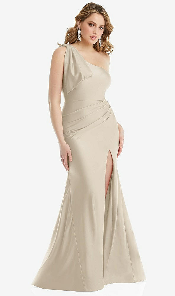 Front View - Champagne Cascading Bow One-Shoulder Stretch Satin Mermaid Dress with Slight Train