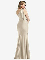 Rear View Thumbnail - Champagne Cascading Bow One-Shoulder Stretch Satin Mermaid Dress with Slight Train