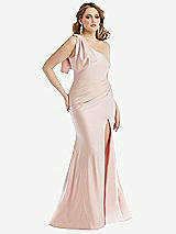 Alt View 1 Thumbnail - Ivory Cascading Bow One-Shoulder Stretch Satin Mermaid Dress with Slight Train