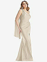 Alt View 1 Thumbnail - Champagne Scarf Neck One-Shoulder Stretch Satin Mermaid Dress with Slight Train