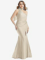 Front View Thumbnail - Champagne Scarf Neck One-Shoulder Stretch Satin Mermaid Dress with Slight Train