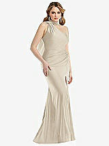 Side View Thumbnail - Champagne Scarf Neck One-Shoulder Stretch Satin Mermaid Dress with Slight Train