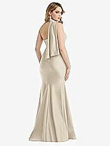 Rear View Thumbnail - Champagne Scarf Neck One-Shoulder Stretch Satin Mermaid Dress with Slight Train