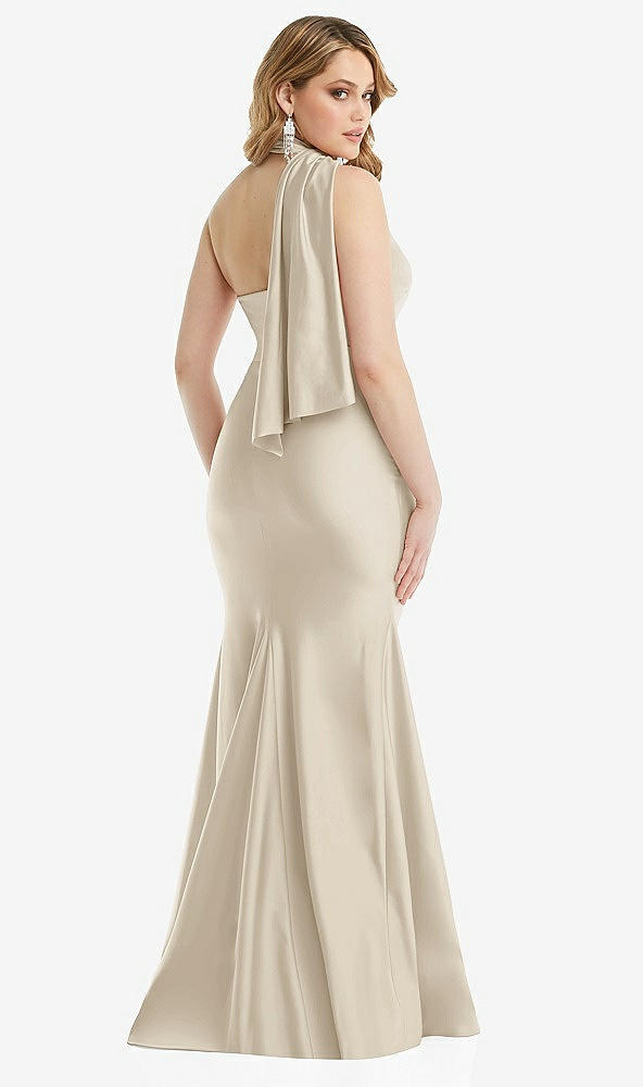 Back View - Champagne Scarf Neck One-Shoulder Stretch Satin Mermaid Dress with Slight Train