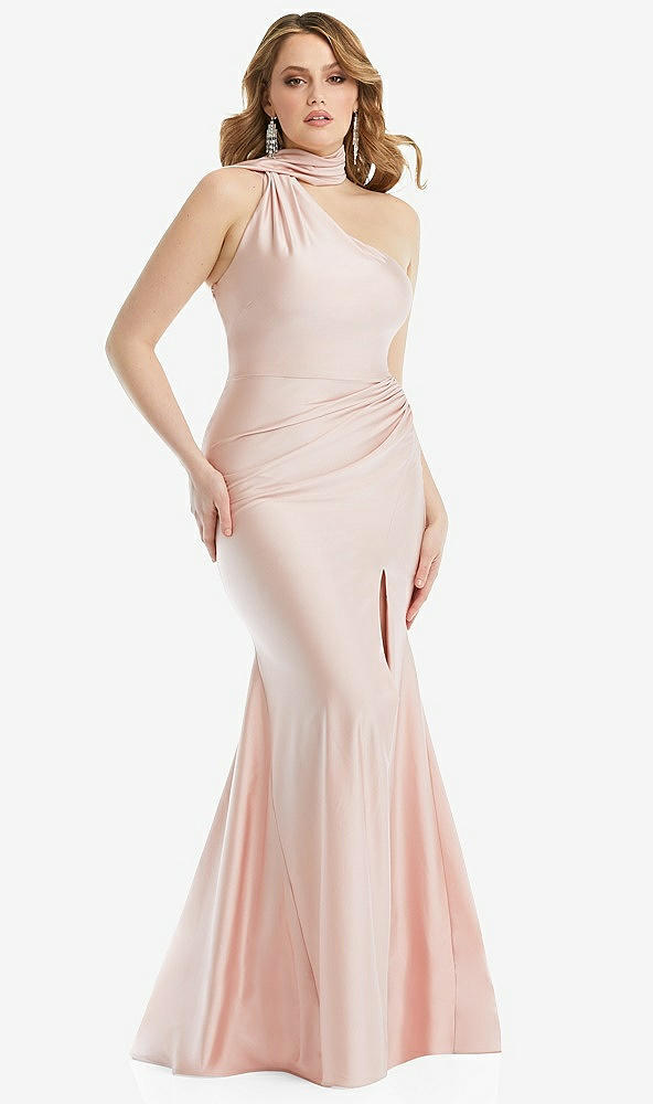 Front View - Ivory Scarf Neck One-Shoulder Stretch Satin Mermaid Dress with Slight Train