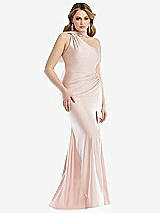 Side View Thumbnail - Ivory Scarf Neck One-Shoulder Stretch Satin Mermaid Dress with Slight Train