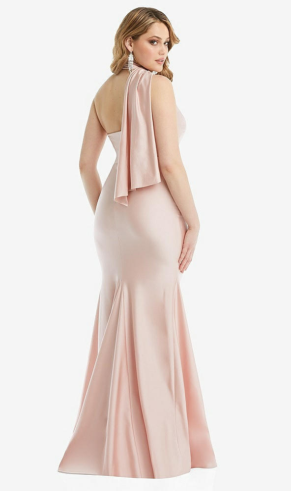 Back View - Ivory Scarf Neck One-Shoulder Stretch Satin Mermaid Dress with Slight Train