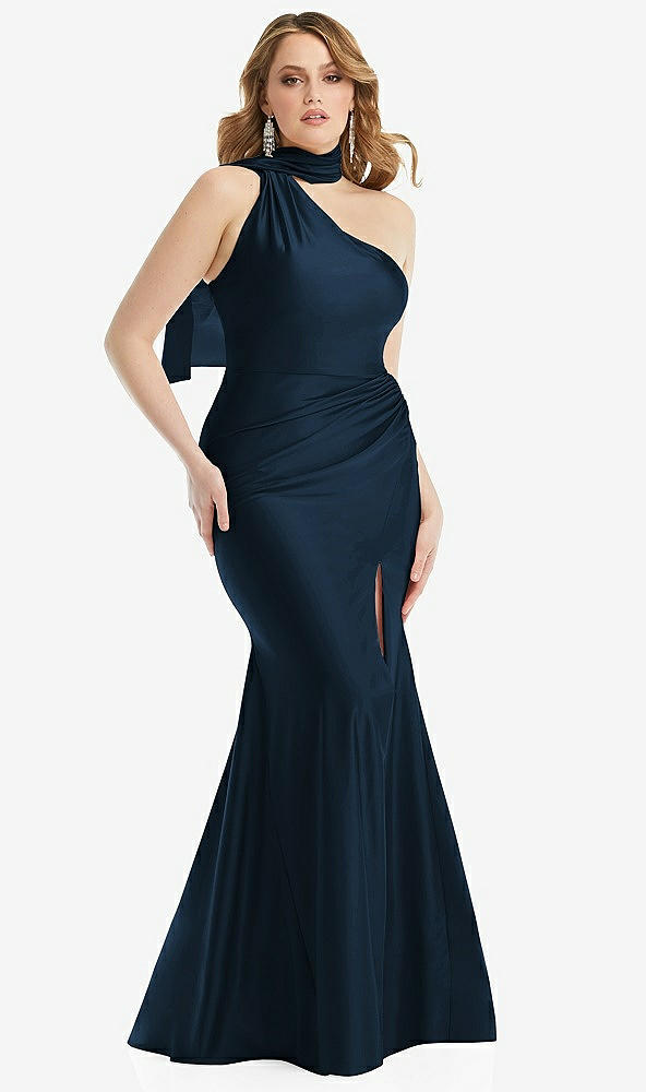 Front View - Midnight Navy Scarf Neck One-Shoulder Stretch Satin Mermaid Dress with Slight Train