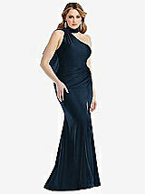 Side View Thumbnail - Midnight Navy Scarf Neck One-Shoulder Stretch Satin Mermaid Dress with Slight Train
