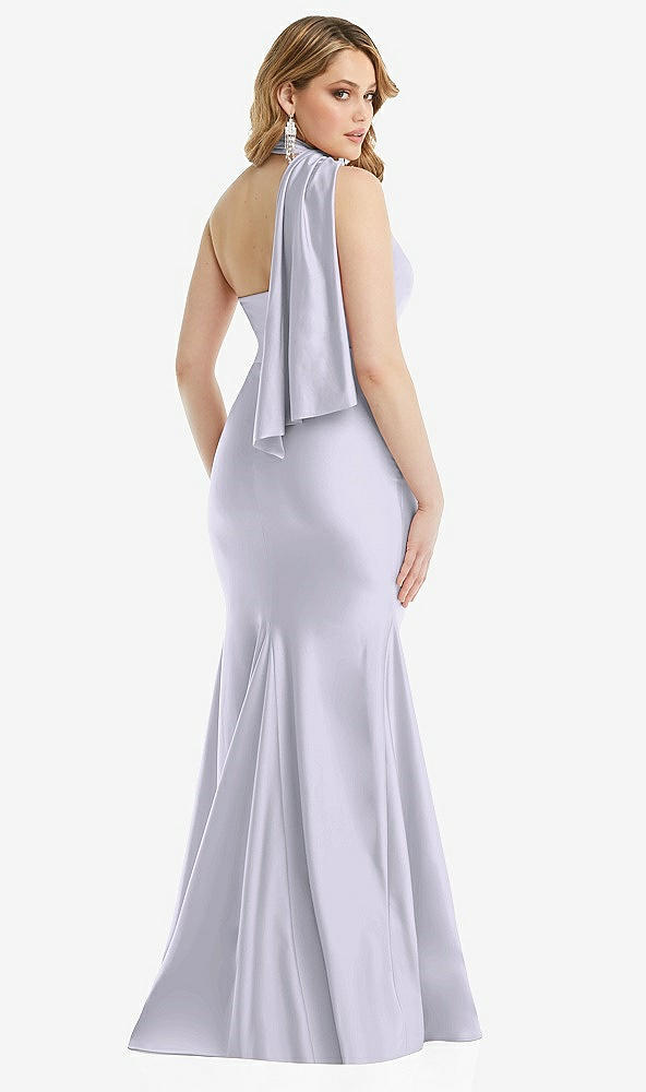 Back View - Silver Dove Scarf Neck One-Shoulder Stretch Satin Mermaid Dress with Slight Train