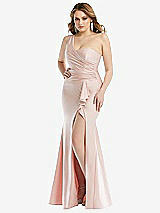 Front View Thumbnail - Ivory One-Shoulder Bustier Stretch Satin Mermaid Dress with Cascade Ruffle