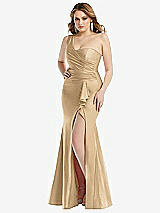 Front View Thumbnail - Soft Gold One-Shoulder Bustier Stretch Satin Mermaid Dress with Cascade Ruffle