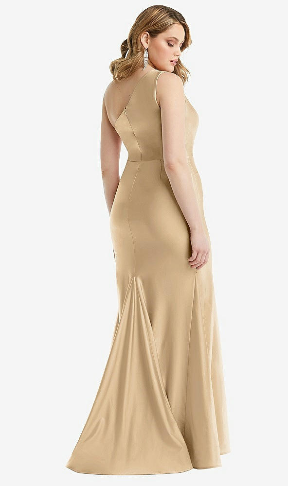 Back View - Soft Gold One-Shoulder Bustier Stretch Satin Mermaid Dress with Cascade Ruffle
