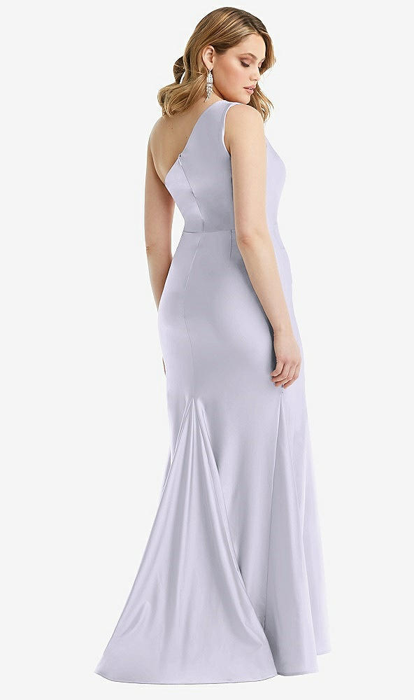 Back View - Silver Dove One-Shoulder Bustier Stretch Satin Mermaid Dress with Cascade Ruffle