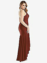 Rear View Thumbnail - Auburn Moon Pleated Wrap Ruffled High Low Stretch Satin Gown with Slight Train