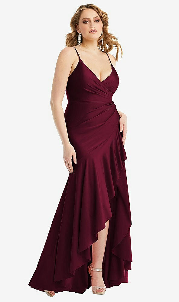 Front View - Cabernet Pleated Wrap Ruffled High Low Stretch Satin Gown with Slight Train