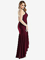 Rear View Thumbnail - Cabernet Pleated Wrap Ruffled High Low Stretch Satin Gown with Slight Train