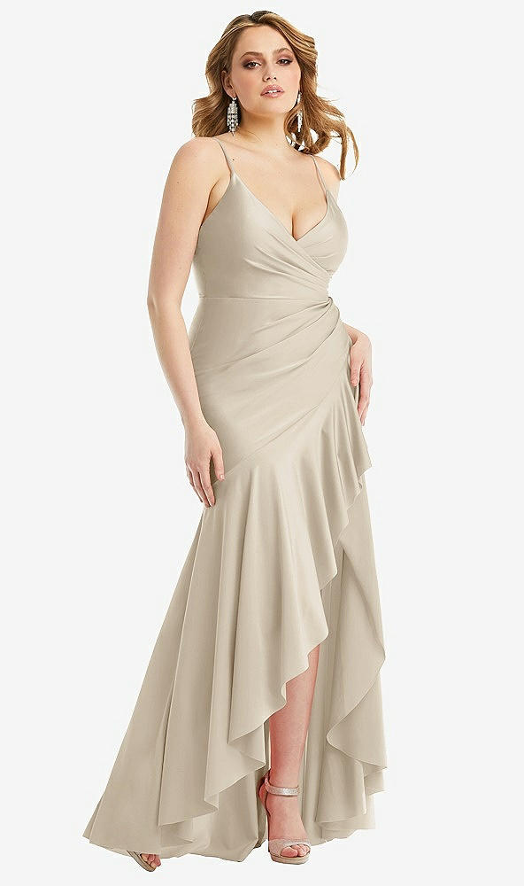 Front View - Champagne Pleated Wrap Ruffled High Low Stretch Satin Gown with Slight Train
