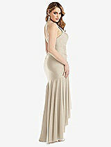 Rear View Thumbnail - Champagne Pleated Wrap Ruffled High Low Stretch Satin Gown with Slight Train