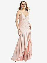 Front View Thumbnail - Ivory Pleated Wrap Ruffled High Low Stretch Satin Gown with Slight Train