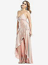 Side View Thumbnail - Ivory Pleated Wrap Ruffled High Low Stretch Satin Gown with Slight Train