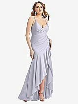 Front View Thumbnail - Silver Dove Pleated Wrap Ruffled High Low Stretch Satin Gown with Slight Train