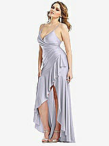 Side View Thumbnail - Silver Dove Pleated Wrap Ruffled High Low Stretch Satin Gown with Slight Train