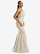 Side View Thumbnail - Champagne Criss Cross Halter Open-Back Stretch Satin Mermaid Dress