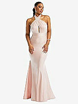 Front View Thumbnail - Ivory Criss Cross Halter Open-Back Stretch Satin Mermaid Dress