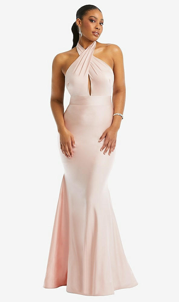 Front View - Ivory Criss Cross Halter Open-Back Stretch Satin Mermaid Dress