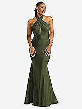 Front View Thumbnail - Olive Green Criss Cross Halter Open-Back Stretch Satin Mermaid Dress