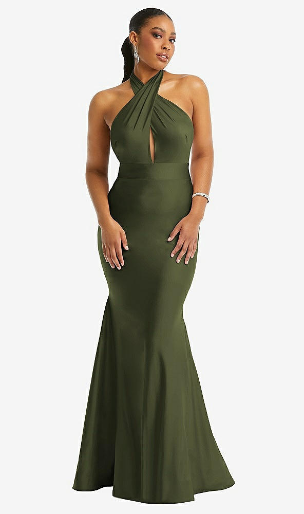 Front View - Olive Green Criss Cross Halter Open-Back Stretch Satin Mermaid Dress