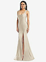 Front View Thumbnail - Champagne Square Neck Stretch Satin Mermaid Dress with Slight Train