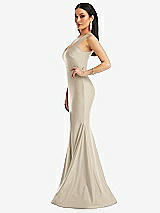 Side View Thumbnail - Champagne Square Neck Stretch Satin Mermaid Dress with Slight Train