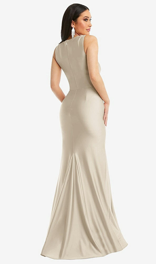 Back View - Champagne Square Neck Stretch Satin Mermaid Dress with Slight Train