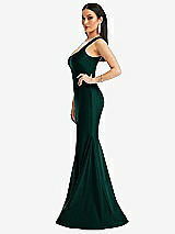 Side View Thumbnail - Evergreen Square Neck Stretch Satin Mermaid Dress with Slight Train