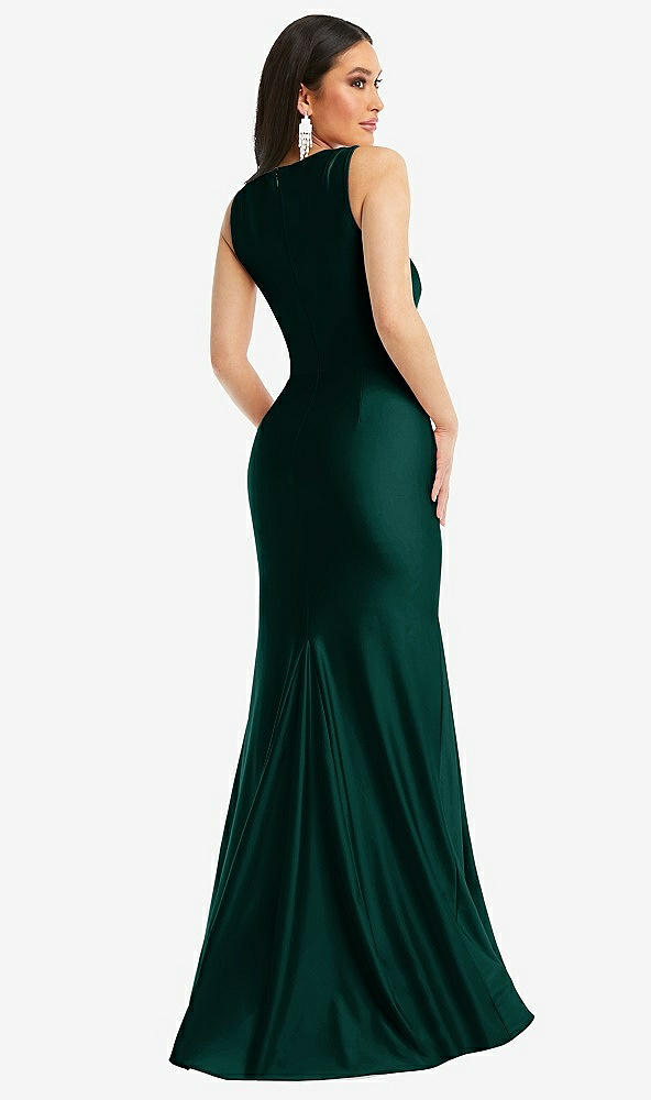 Back View - Evergreen Square Neck Stretch Satin Mermaid Dress with Slight Train