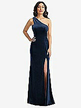 Front View Thumbnail - Midnight Navy One-Shoulder Velvet Trumpet Gown with Front Slit