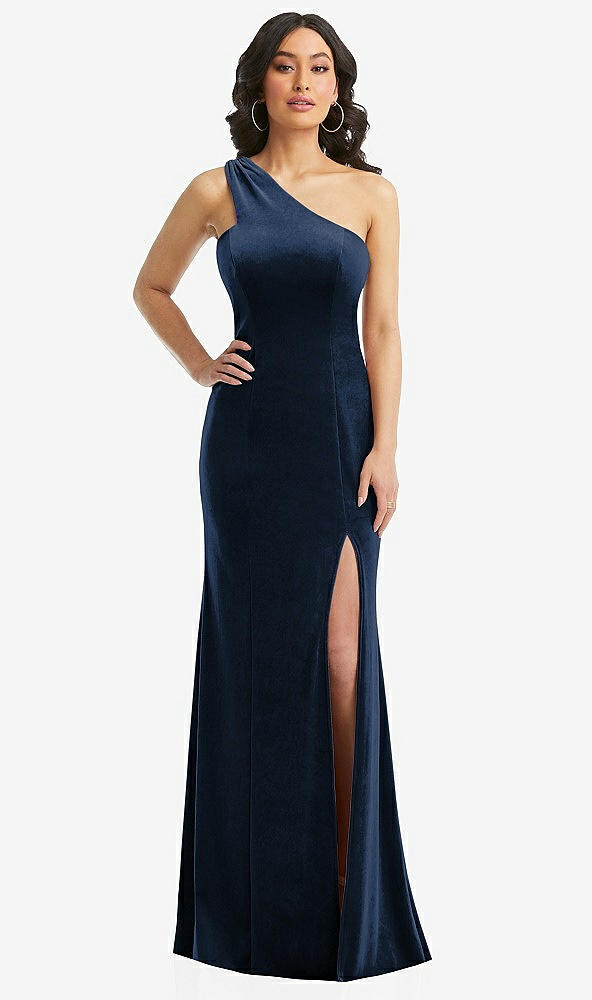 Front View - Midnight Navy One-Shoulder Velvet Trumpet Gown with Front Slit